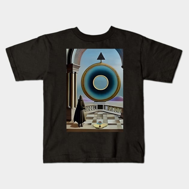 Surrealist painting like digital art of a Wizard in a balcony looking out at the Monad of creation Kids T-Shirt by hclara23